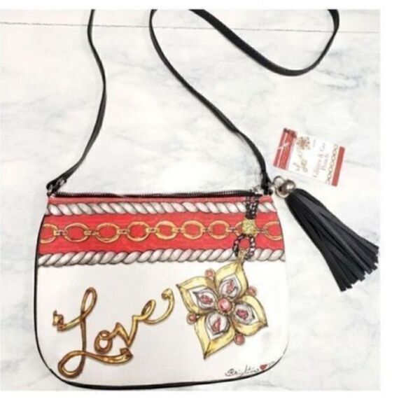 Brighton Women’s Small Crossbody Glitter and Go Pouch White Red with Tassel - Picture 1 of 16